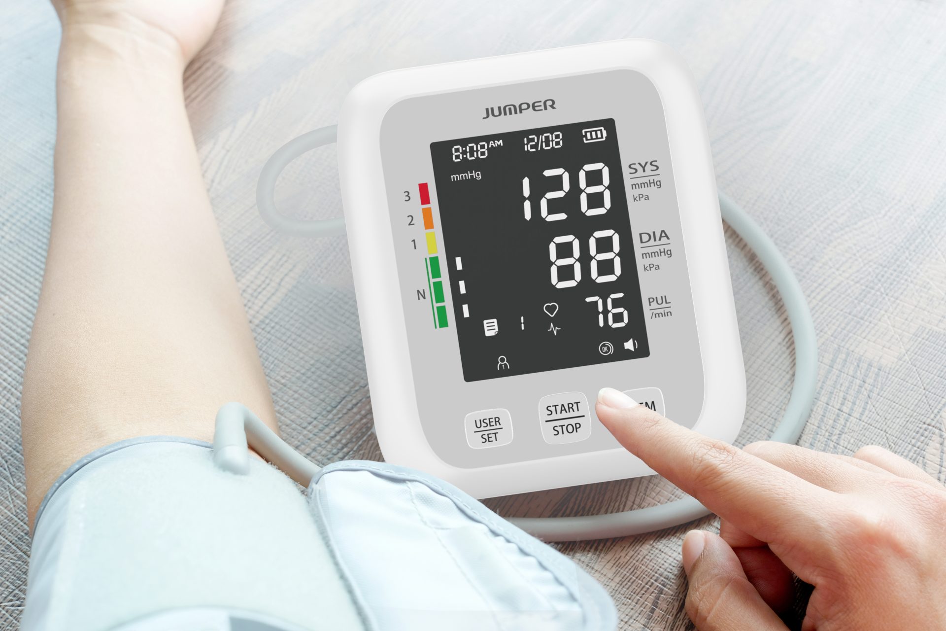 JUMPER HA100 upper arm blood pressure monitor in a home setting