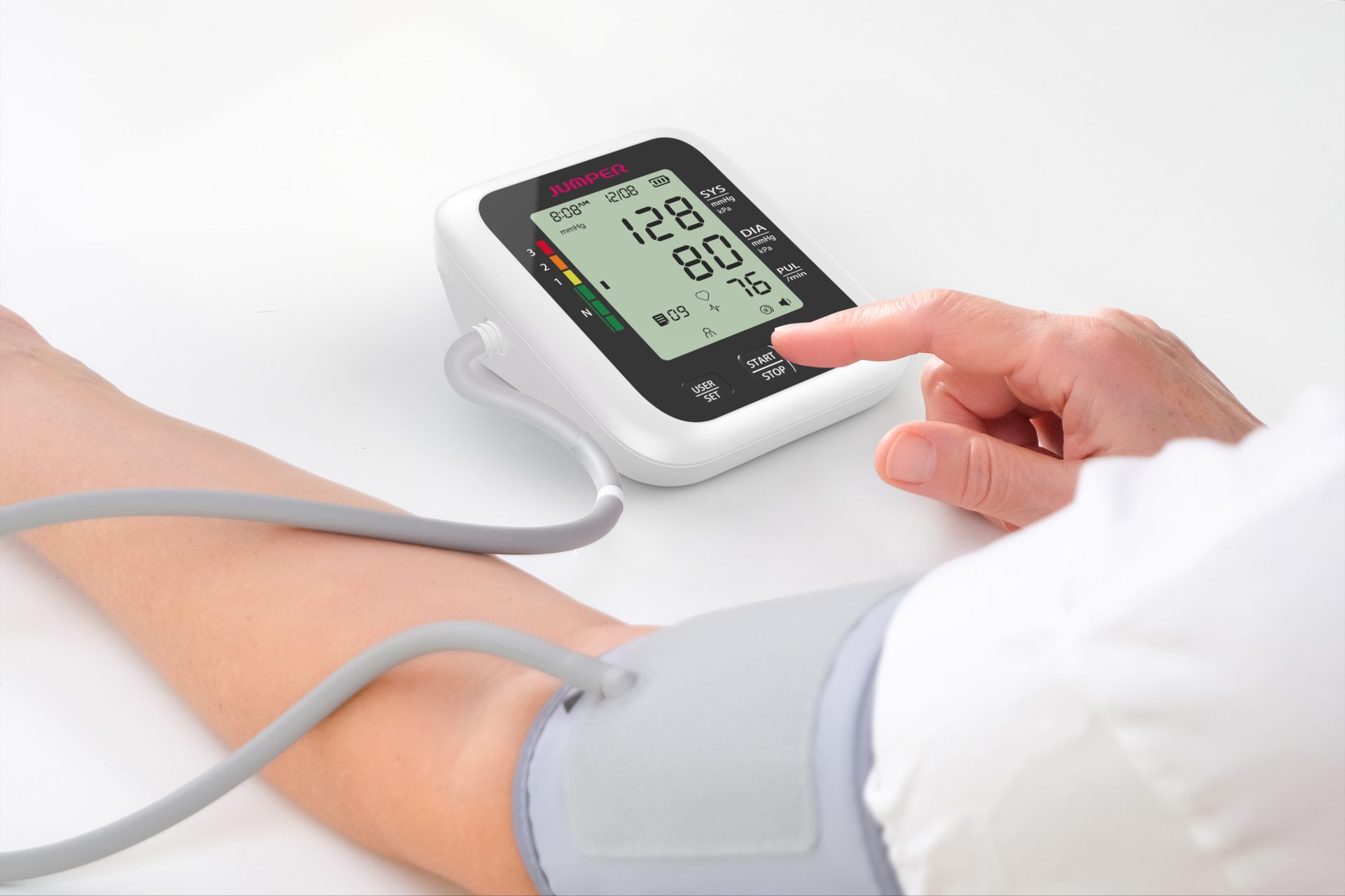 JUMPER HA100 upper arm blood pressure monitor in a home setting