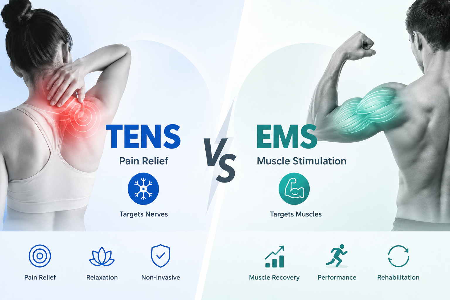 TENS pain relief and EMS muscle stimulation comparison