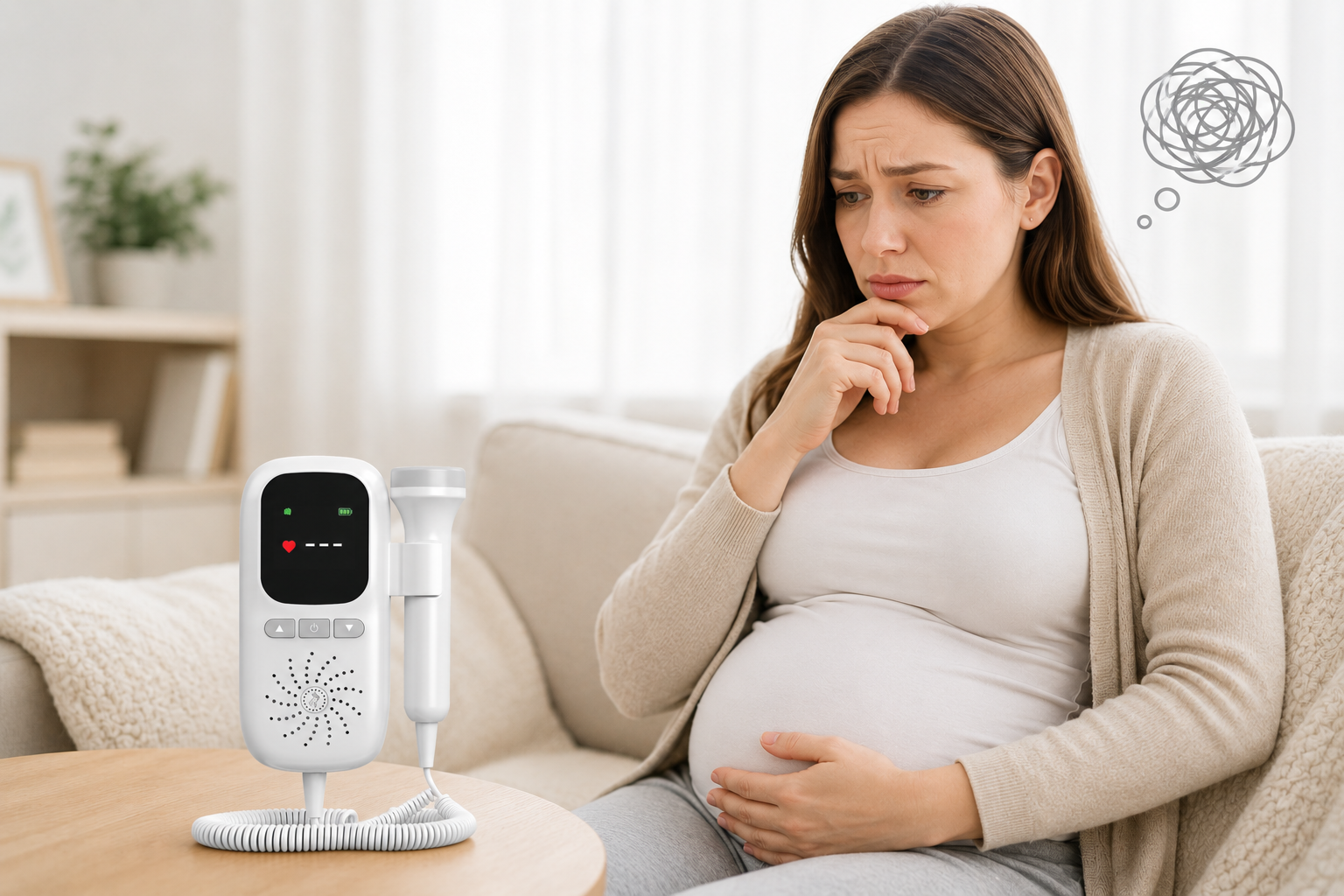Concerned pregnant woman beside a home fetal Doppler