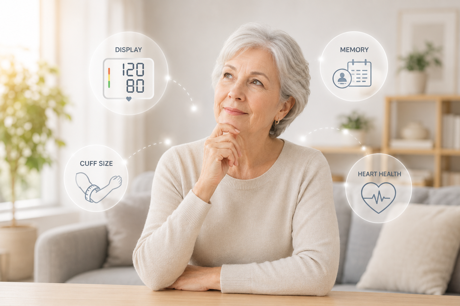 Blood pressure monitor features including display, memory, cuff size and heart health